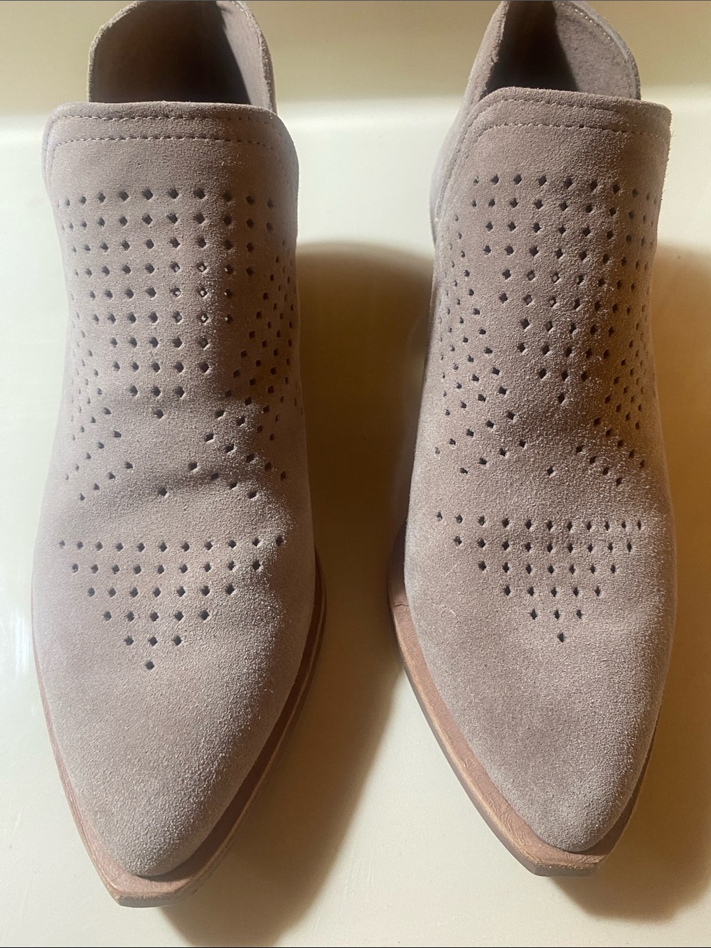 Gianni Bini Taupe Suede Perforated Pointed Toe Booties
